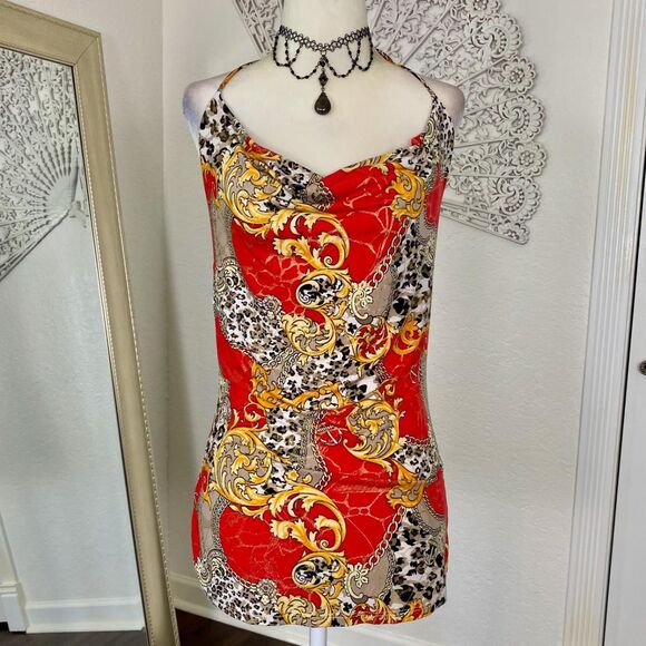 Y2K Boho Red Gold Paisley Low Cowl Neck Made in USA Halter Top Sz M - Picture 2 of 8